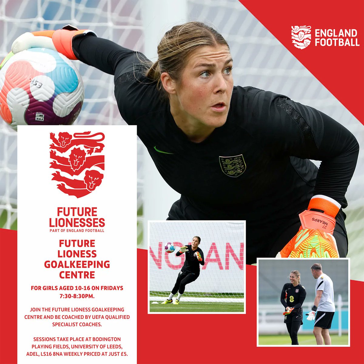 👐 Our Future <a href="/Lionesses/">Lionesses</a> Goalkeeping Centre in partnership with <a href="/_Wrgfl/">WRGFL</a> got underway at the brand-new Bodington Football Hub earlier this month! ⚽️

Places are limited and going fast - book here 👇 

buff.ly/3hWWhFg