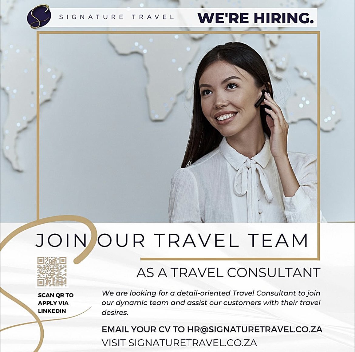 yuthconnect's tweet photo. ✈ WE'RE HIRING ✈

We are looking for a detailed-orientated Travel Consultant to join our dynamic team and assist our clients with their travel desires. 

Email your CV to HR@signaturetravel.co.za or simply scan the QR Code to apply via LinkedIn. https://t.co/elhAa1SFS3