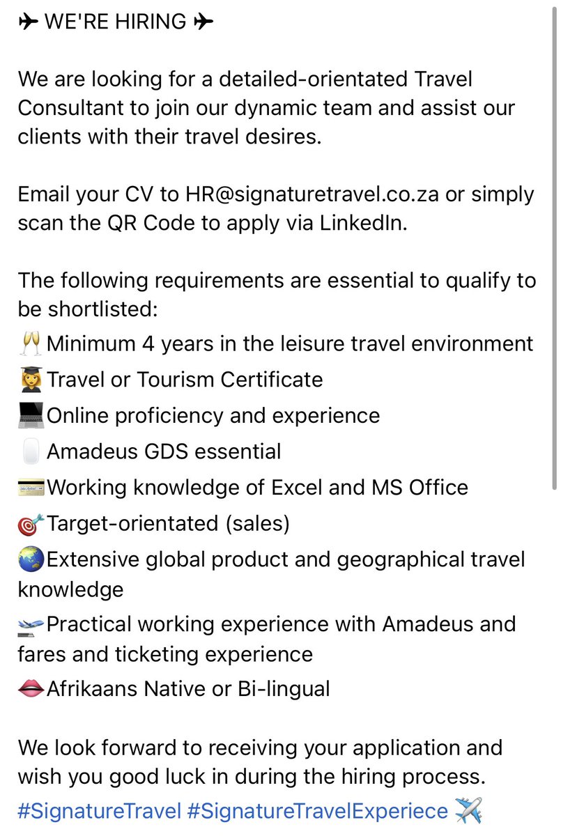 yuthconnect's tweet photo. ✈ WE'RE HIRING ✈

We are looking for a detailed-orientated Travel Consultant to join our dynamic team and assist our clients with their travel desires. 

Email your CV to HR@signaturetravel.co.za or simply scan the QR Code to apply via LinkedIn. https://t.co/elhAa1SFS3