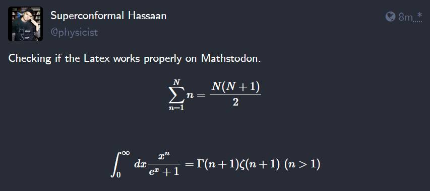 Hassaan_PHY's tweet photo. The fact that Mathstodon has an inbuilt Latex will most probably cause me to leave Facebook and Twitter completely (or become inactive on these websites at least)... It was one of my old wishes to have latex on some social media website...
#Physics  #Maths #mathstodon #latex https://t.co/wDyUZRrVdQ