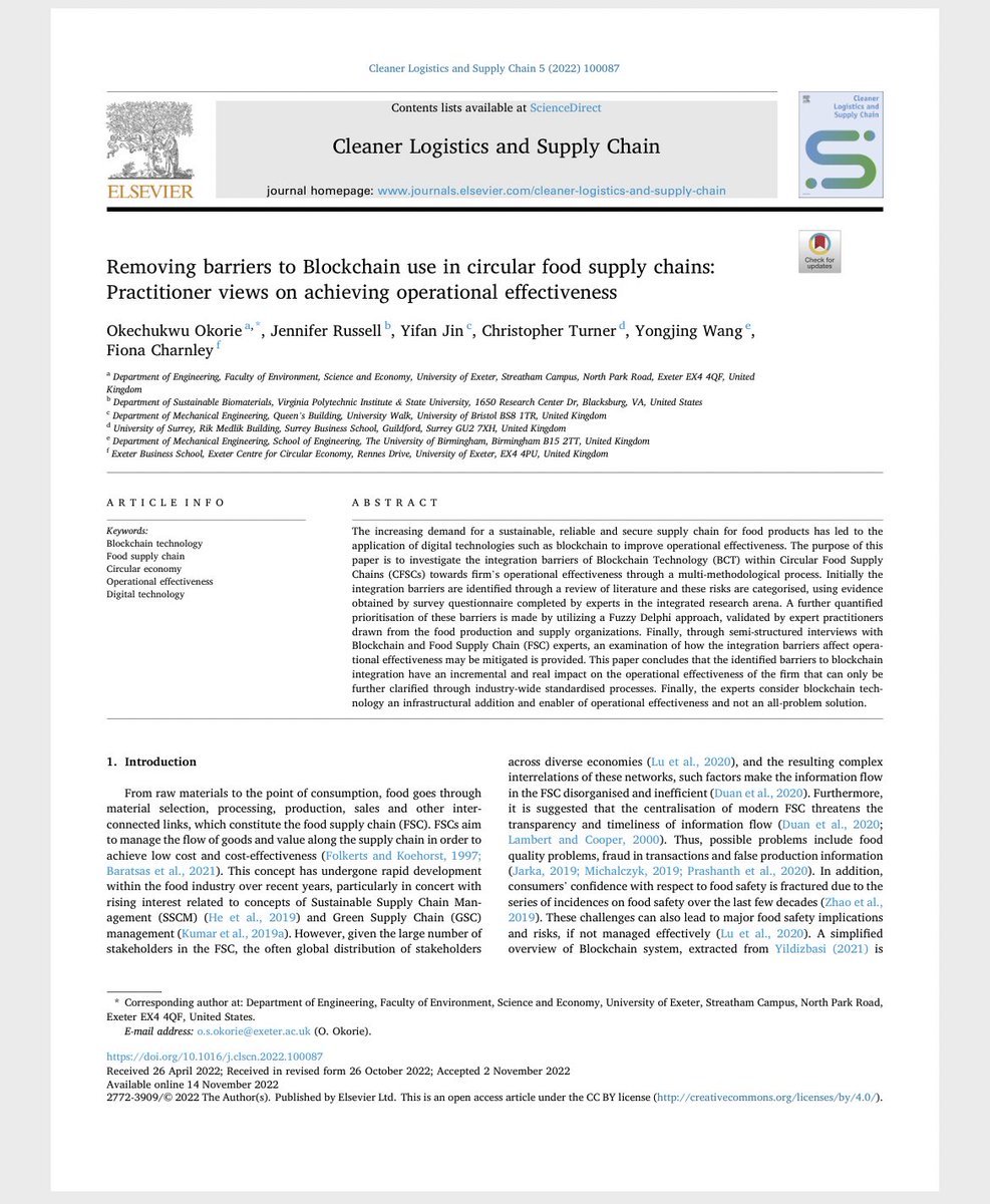 okechuokorie's tweet image. Our article “Removing Barriers to Blockchain use in Circular Food Supply Chains: Practitioner Views on Achieving Operational Effectivenes” is now available online.

The article link:
lnkd.in/e2RaX2um

Many thanks to my co-authors and the respondents who provided data.