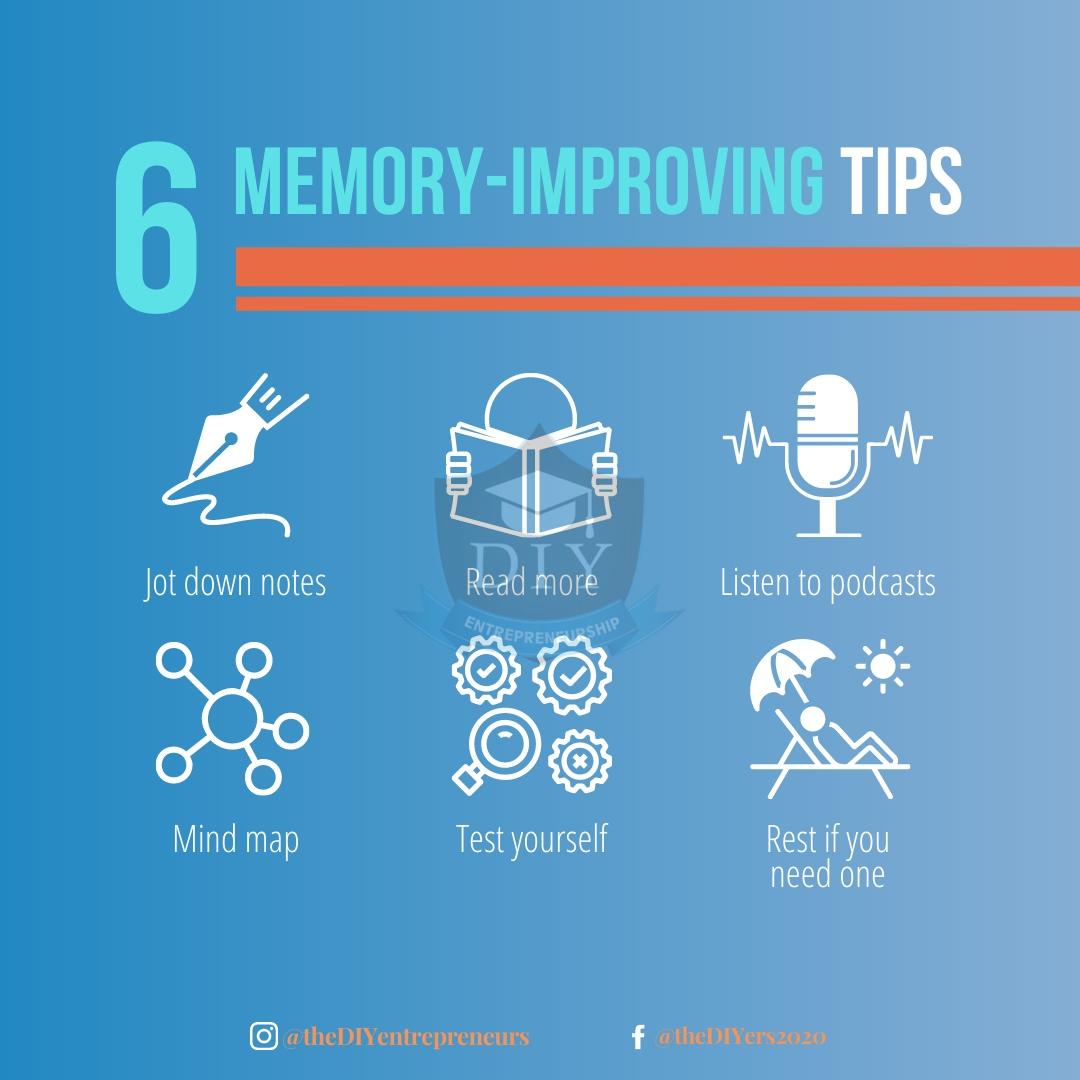 DIYEntrepreneu2's tweet image. Memory is a complex thing - It allows us to shape a vision of the world, the people in it, and mostly, ourselves and the personality we hold.

Take these 6 tips and start improving your memory TODAY!

#memorytips #learninghacks #memoryskill #studytips #brainhack #memoryresilience