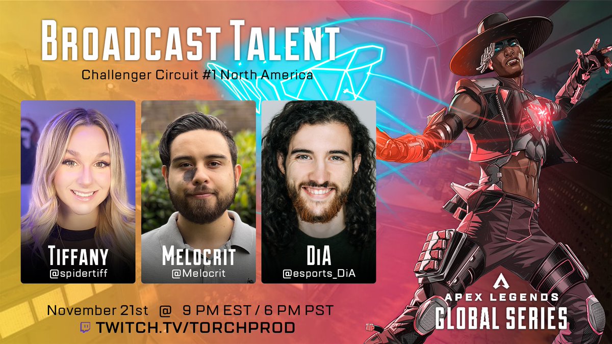 TorchProd's tweet image. 🌠On the mic tonight for #ALGS Challenger Circuit #1 Grand Finals for🌎 North America, our returning veterans:

🎙@spidertiff, @melocrit  &amp;amp; @esports_DiA 

🔴 Tune in starting at 6PM PST today @ twitch.tv/TorchProd (&amp;amp; also on YT)!
🗺 Map Stream on twitch.tv/TorchProdAlt.