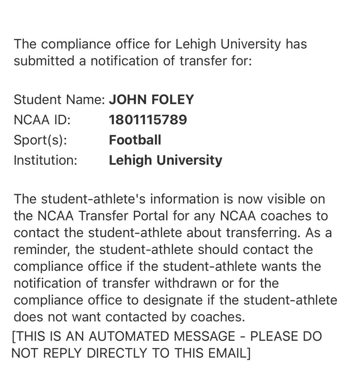 coachfoleyj's tweet photo. Thank you Lehigh University for an unforgettable four years, and for blessing me with invaluable friendships that I will cherish for a lifetime. With that being said, I have decided to enter the transfer portal as a Spring 2023 graduate with 2 years of eligibility remaining. https://t.co/7xFQS6PiYp
