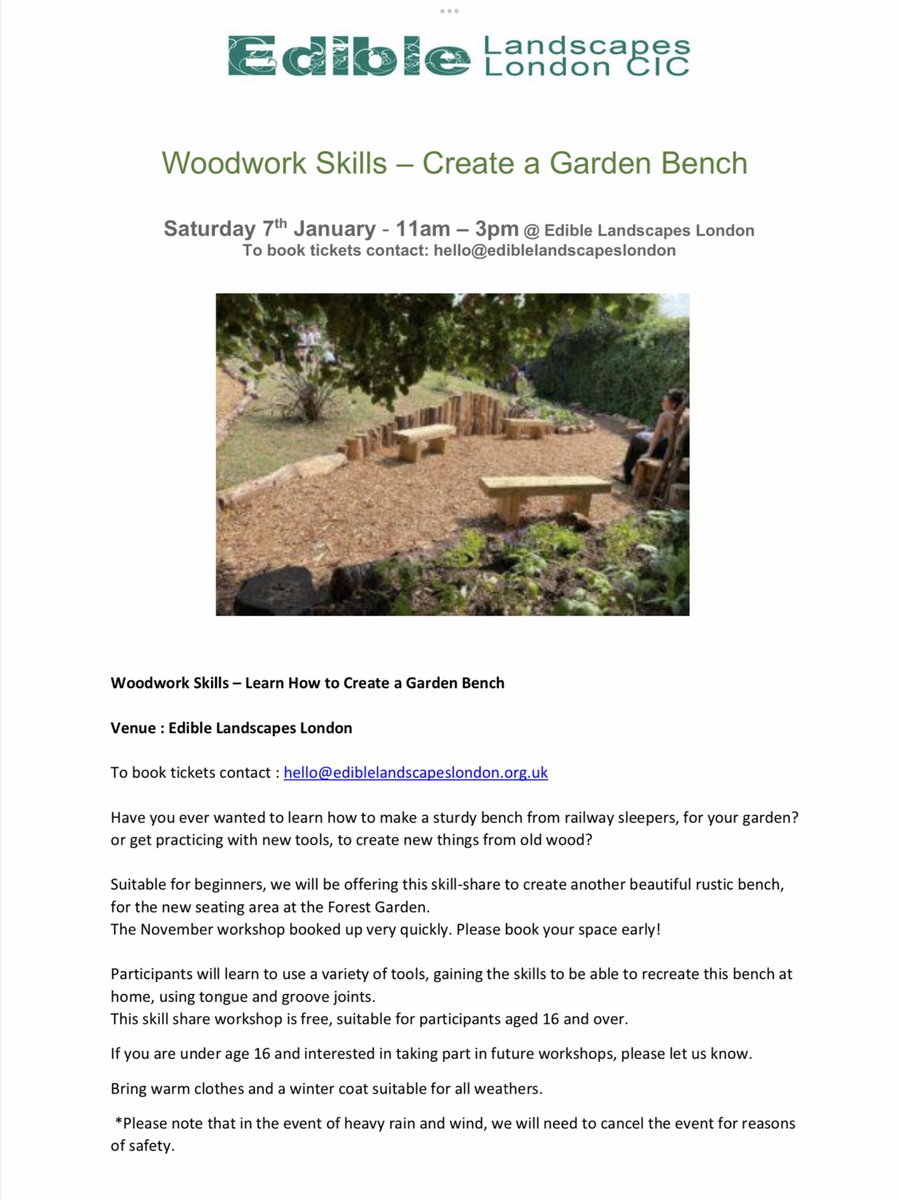 ForestGardenELL's tweet photo. You asked for another woodwork workshop! It’s happening! Saturday 7th January, email the address on the poster to book your place. #woodwork #benchmaking #FinsburyPark #ELL https://t.co/NerargPGNV
