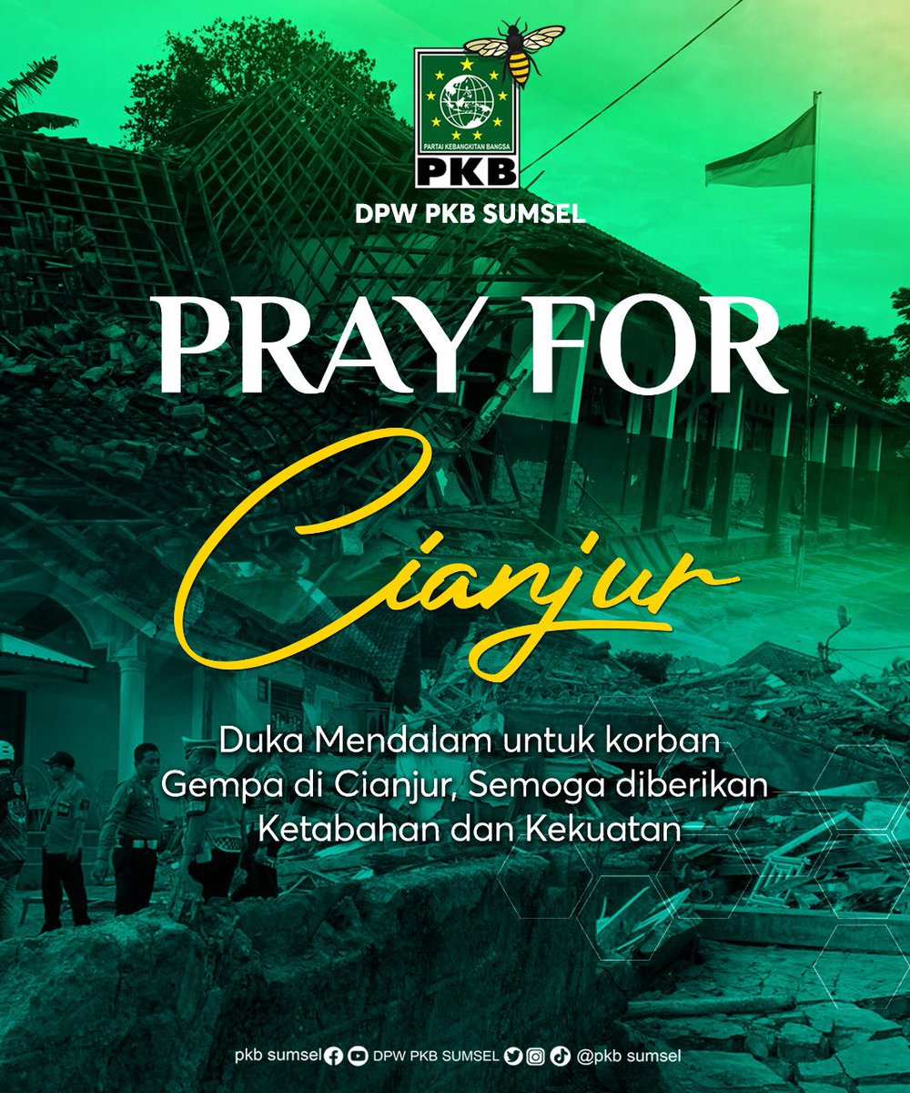 Keluarga Besar DPW PKB SUMSEL mengucapkan turut berduka cita yg mendalam atas musibah gempa bumi di Cianjur. 
21 November 2022

Mari kita do’akan semoga warga Cianjur diberikan ketabahan Dan kekuatan.😇🙏🏼