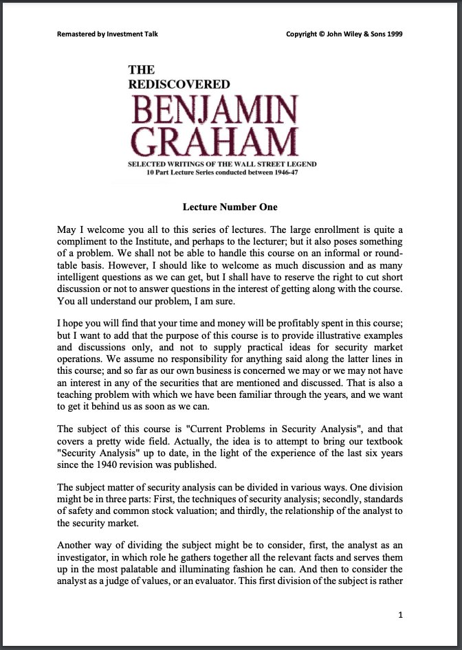 marketplunger1's tweet photo. Benjamin Graham is the Godfather of Value Investing. 

Now you can learn from his 10-part Lecture Series on all things investing. 

It's 73 pages of Ben Graham wisdom from 1946-1947. 

Big thanks to my friend @InvestmentTalkk for curating.

Enjoy!

Link: https://t.co/PU7pIsnKrC https://t.co/FK9vPZQw3i