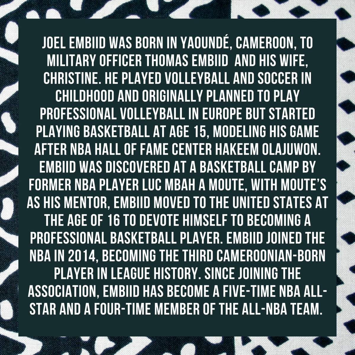 justicecameroon's tweet photo. This week’s Cameroonian you should know about is Joel Embiid!

#justiceforcameroon #joelembiid https://t.co/qyVkmFdvkh