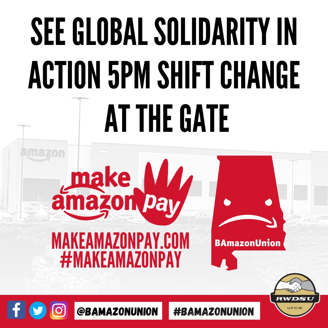 BAmazonUnion's tweet image. We’re joining with Amazon workers all across the world, taking action today to #MakeAmazonPay! Join us at the gate during 5 PM shift change to see our global solidarity in action. #BAmazonUnion
