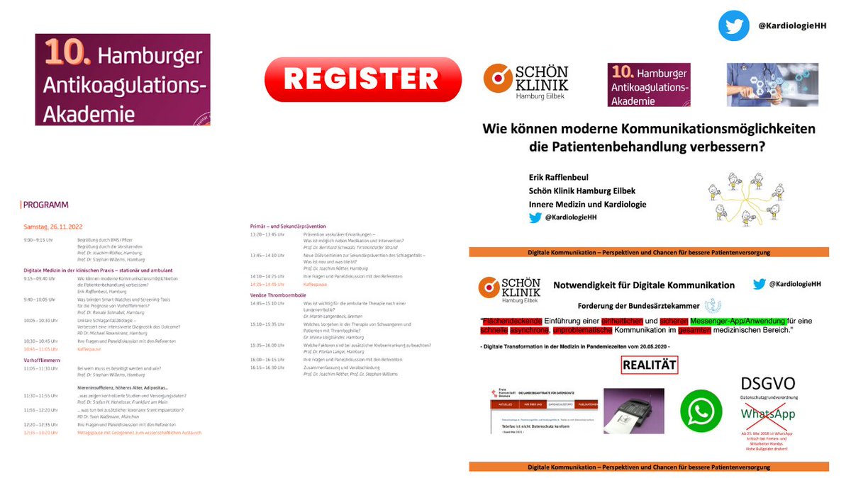 #MyWeekInCardiology

1️⃣#LübeckerHerzkreislaufTage
🗓25.11.-26.11.
🚨#MyTalk: #SocialMedia in der Herzmedizin
🔗luebecker-hkt.de

2️⃣10. #AntikoagulationsAkademie #Hamburg 
🗓26.11.
🚨#MyTalk: #ModernCommunication
🔗hamburg.ac-akademie-online.de/register
