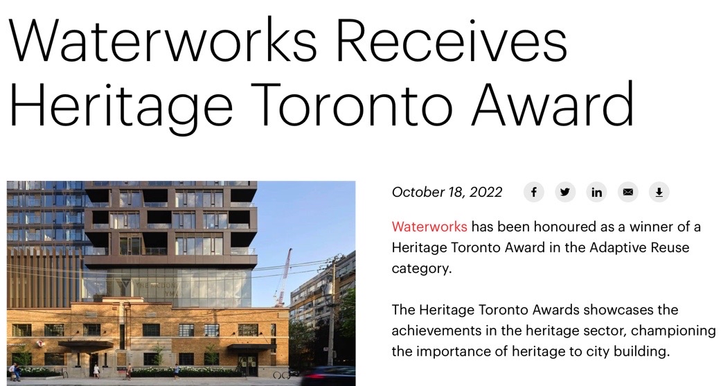 Our Waterworks project has won a Heritage Toronto Award for Adaptive Reuse of Municipal Buildings. Congrats to the team! Full story in link: buff.ly/3OmwqTf