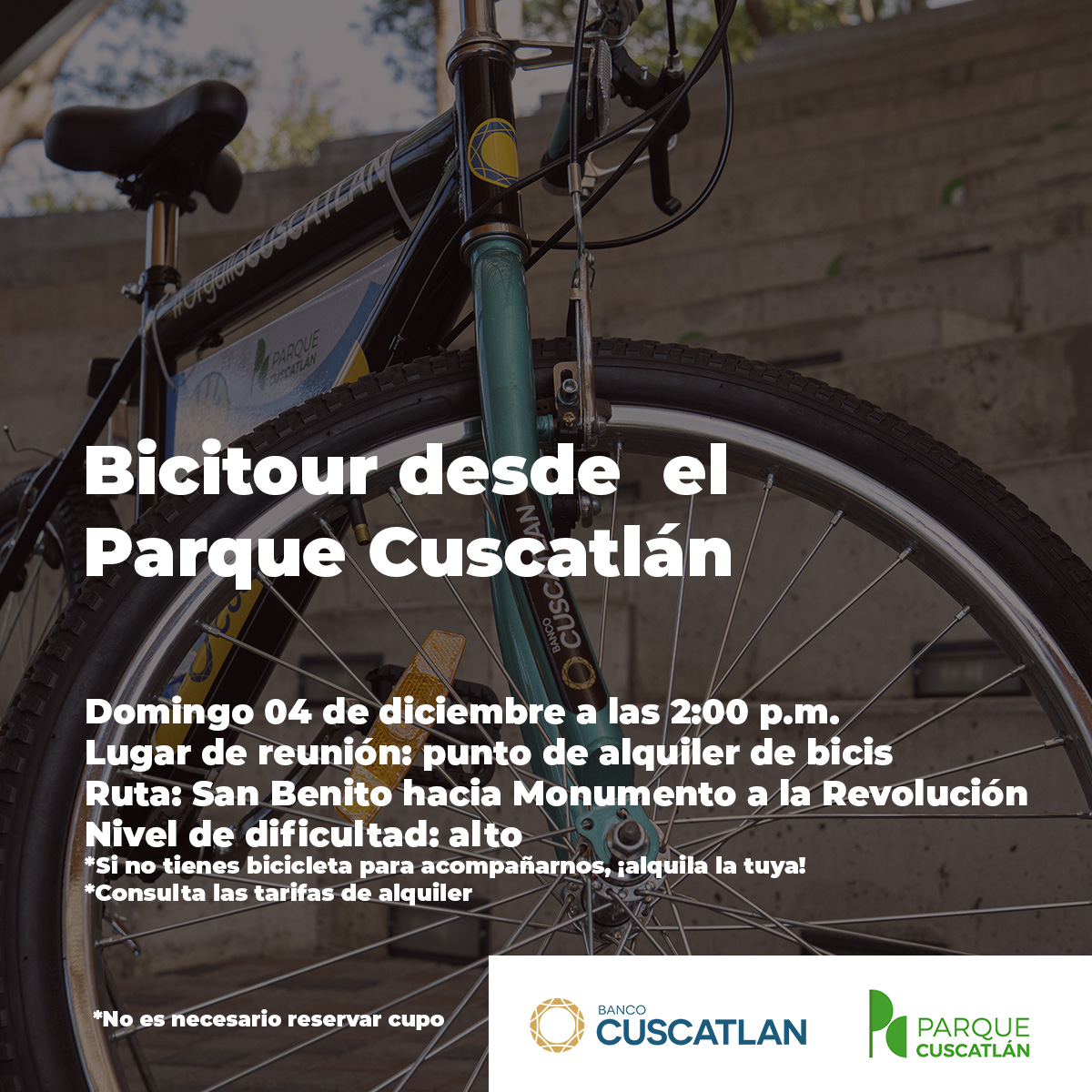 🚲¡Otro domingo de bicitour: ruta especial!

🕑 Horario: 2:00 p.m. | 📍 Lugar de reunión: punto de alquiler de bicicletas.
📌Ruta: San Benito hacia Monumento a la Revolución.
📌Nivel de dificultad: alta.

#LugarDeCosasPreciosas.