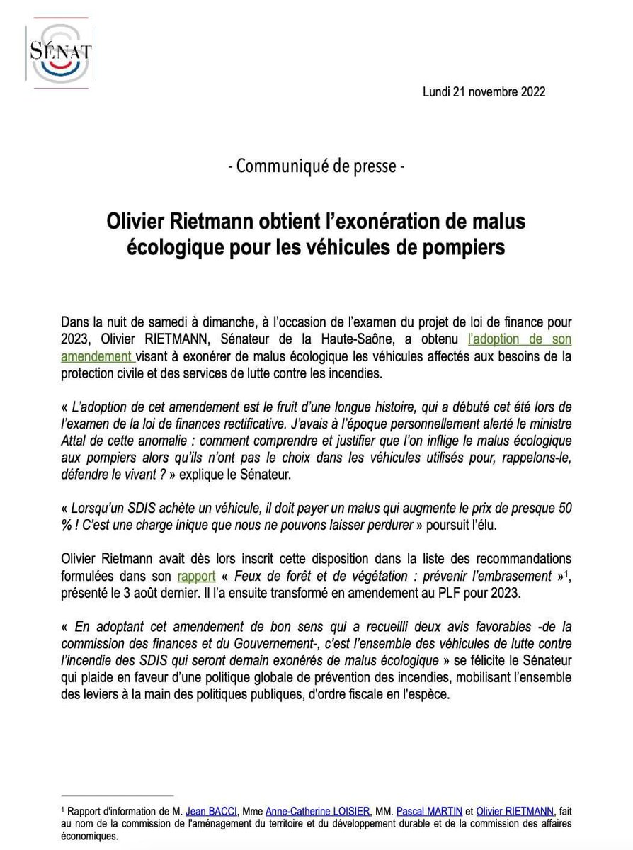 Jean Bacci (@jeanbacci_senat) on Twitter photo #PLF2022 | Notre collĂšgue <a href="/OlivierRietmann/">Olivier RIETMANN</a> a obtenu l'adoption de son amendement visant Ă exonĂ©rer de malus Ă©cologique l'ensemble des vĂ©hicules de lutte contre lâincendie des pompiers ! Cette recommandation figurait dans notre rapport rapport dâinformation sur les #incendies. #PLF2022 | Notre collĂšgue <a href="/OlivierRietmann/">Olivier RIETMANN</a> a obtenu l'adoption de son amendement visant Ă exonĂ©rer de malus Ă©cologique l'ensemble des vĂ©hicules de lutte contre lâincendie des pompiers ! Cette recommandation figurait dans notre rapport rapport dâinformation sur les #incendies.
