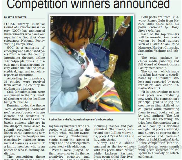 KhumbuMuleya's tweet photo. Competition winners announced
Standard Style
By Style Reporter
   
Local literary initiative Gourd of Consciousness Poetry (GOC) has announced three winners who came out tops in the Gourd of Consciousness National Poetry Writing Competition.

https://t.co/80uQMZZ3EX https://t.co/rbP83En7Tq