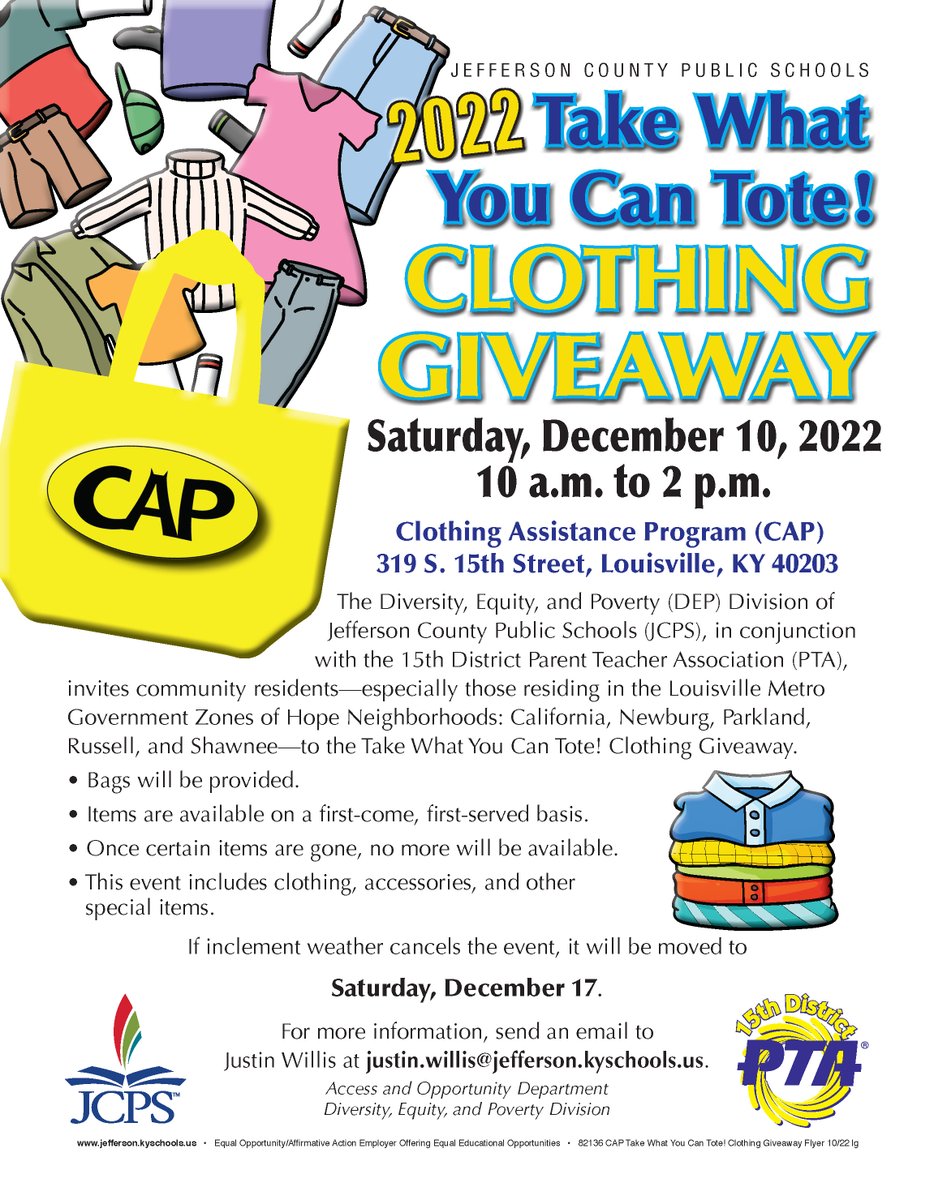JCPSDEP1's tweet photo. Our annual Take What You Can Tote Clothing Giveaway will take place on Saturday, December 10 from 10 a.m. to 2 p.m. at the Clothing Assistance Program (CAP) 319 S. 15th Street, Louisville, KY 40203.

For more info, contact
Justin Willis at justin.willis@jefferson.kyschools.us. https://t.co/uAXt9tlhE5