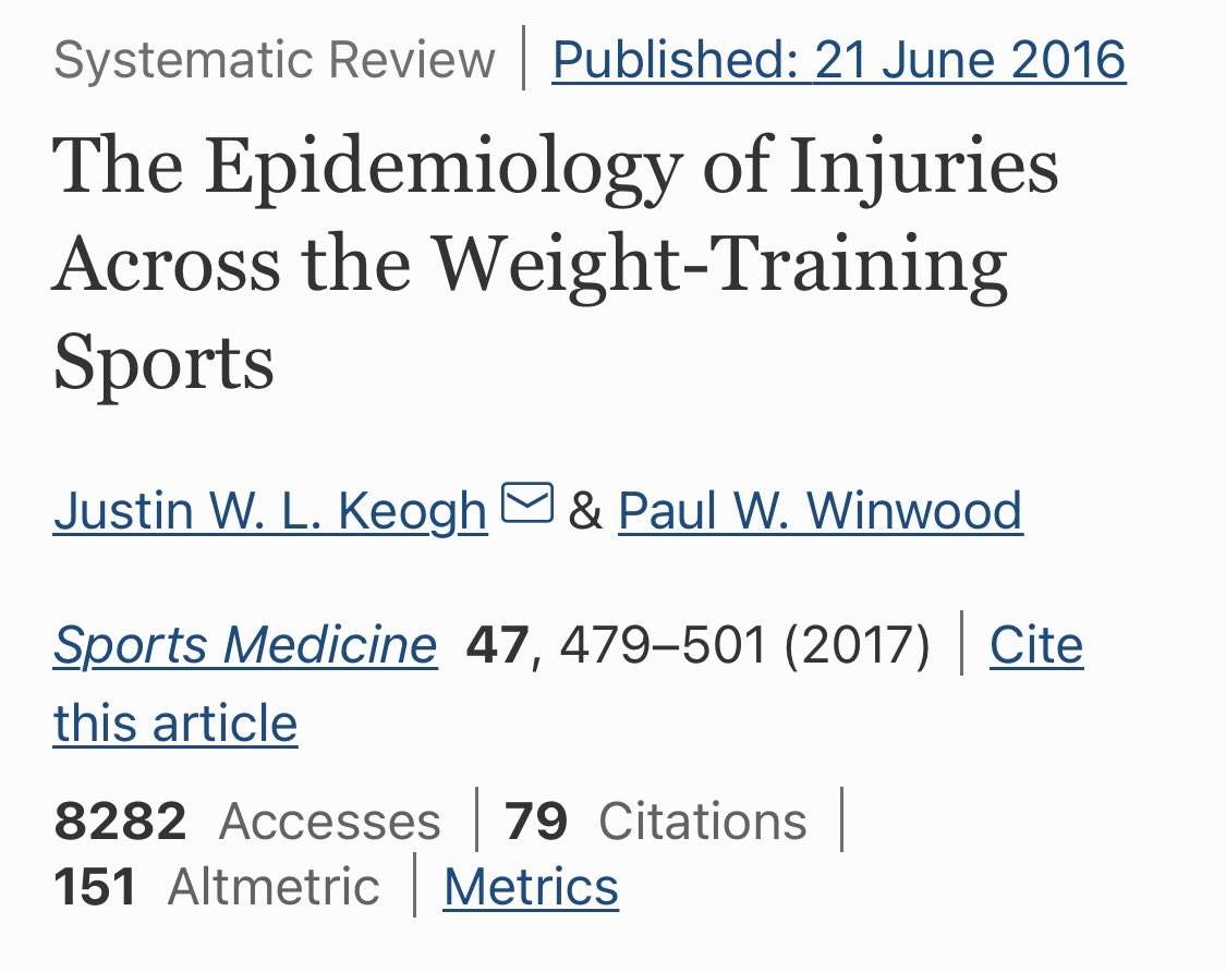 🏋️‍♀️ ¿SON LESIVOS LOS DEPORTES DE FUERZA?

❌Ratio de lesiones:
▪️Culturismo: 1.0 lesión / 1000 horas de práctica deportiva
▪️Powerlifting: 1.1 lesiones / 1000 horas de práctica deportiva

🏀⚽️ El fútbol y baloncesto presentan 15-81 lesiones / 1000 horas de práctica deportiva