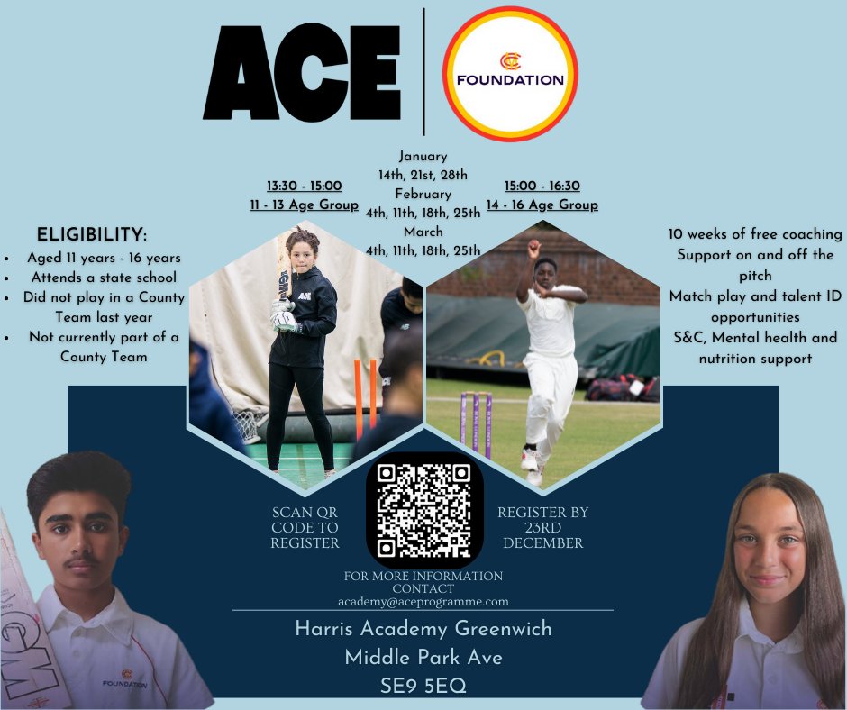 About a month left to register interest for free coaching, support & guidance.

Not your local area? Don't worry, @_MCCFoundation have multiple hubs covering various regions. Give them a DM to find you local hub

#ace #mcc #mccfoundation #acecricket #aceprogrammecricket #cricket