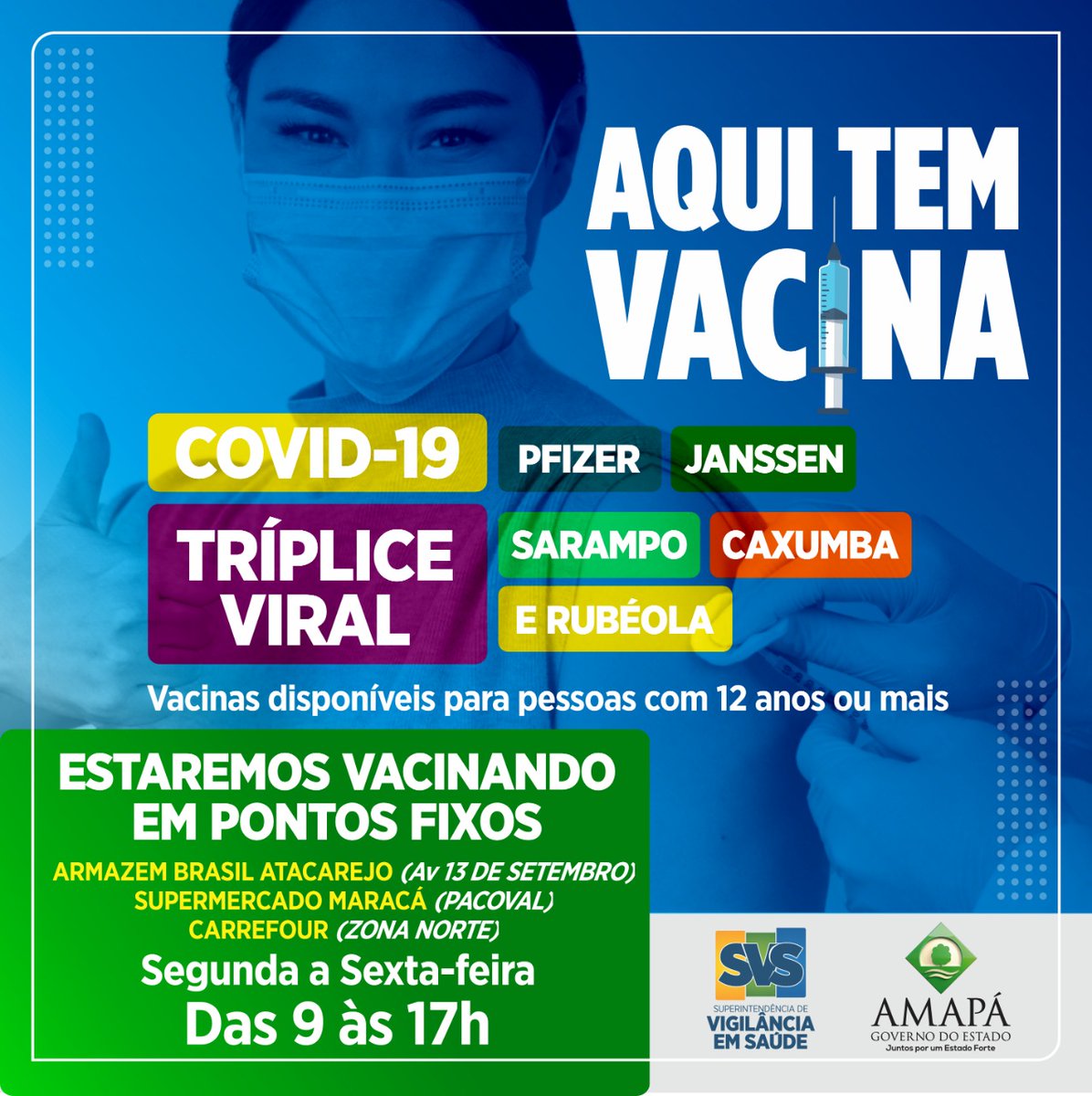 ap_svs's tweet photo. Aproveita que tá no supermercado e atualiza a tua dose de vacina. 🤭

Traga sua carteira de vacinação e documento de identidade para garantir sua dose de reforço. 💉

Segue abaixo os locais e horários: ⤵️ https://t.co/5IQW59JSBM