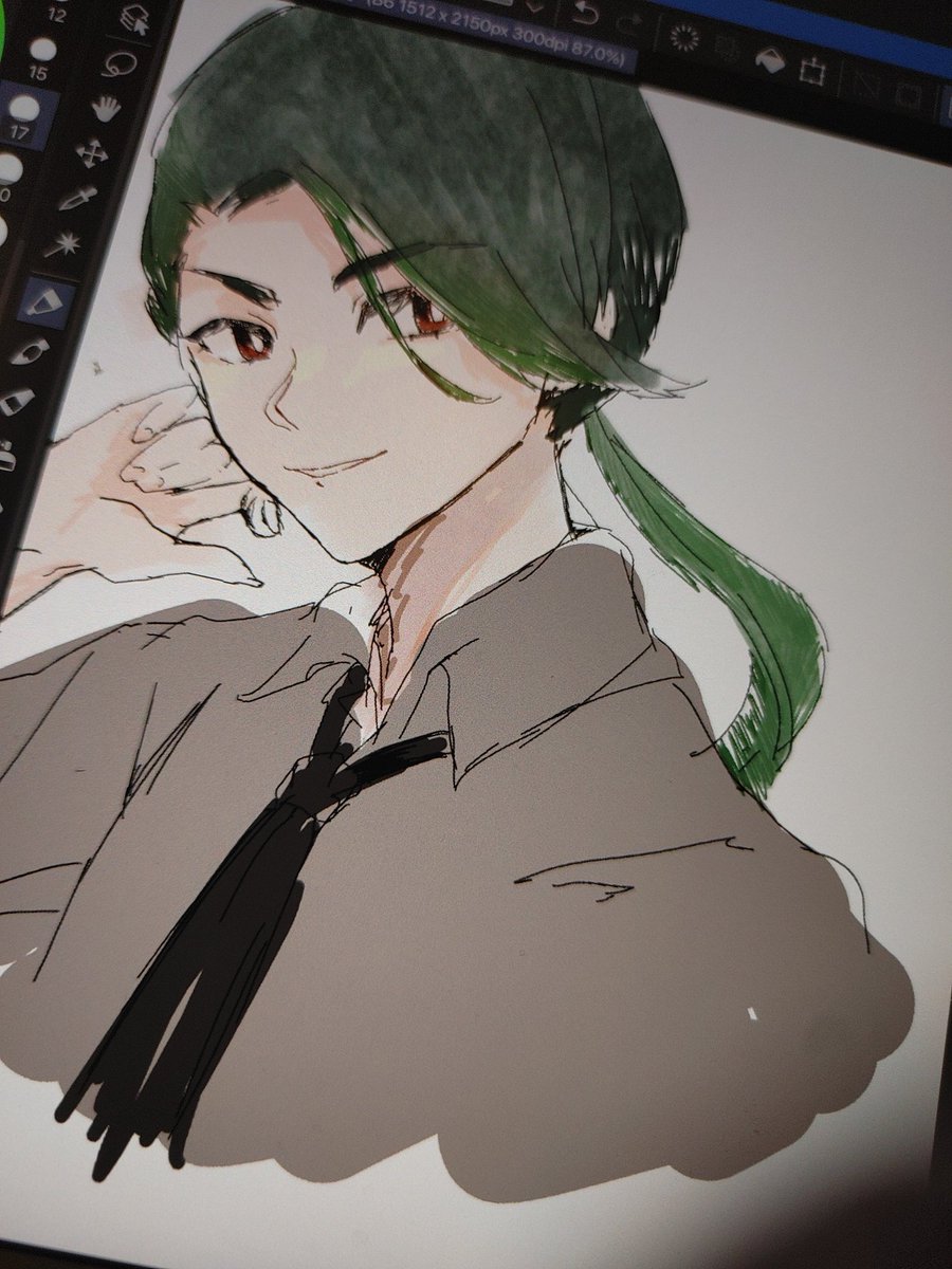 1girl solo shirt green hair collared shirt smile long hair  illustration images