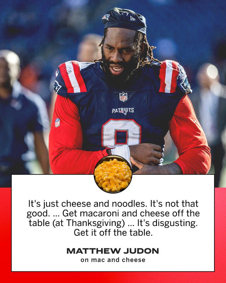 Judon is my new favorite player, couldn’t be more aligned on what definitely should not be on the Thanksgiving table! 💯🎯