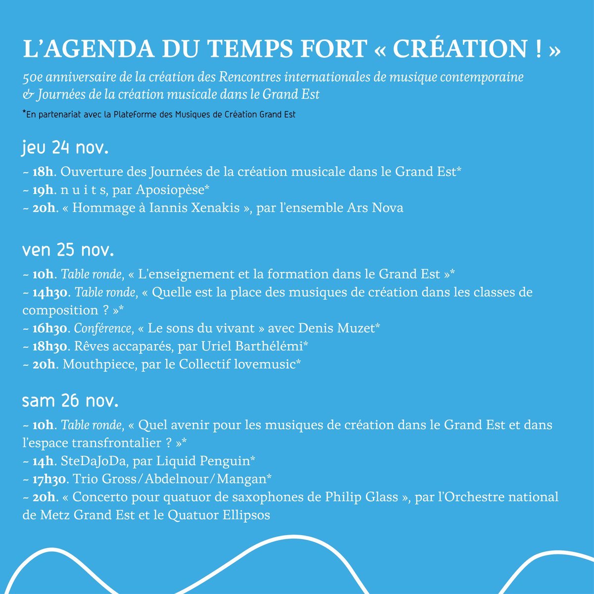 𝗥𝗘𝗡𝗗𝗘𝗭-𝗩𝗢𝗨𝗦 𝗔𝗩𝗘𝗖 𝗟𝗔 𝗠𝗨𝗦𝗜𝗤𝗨𝗘 𝗖𝗢𝗡𝗧𝗘𝗠𝗣𝗢𝗥𝗔𝗜𝗡𝗘 🍃
Du 24 au 26 novembre, vibrez au rythme de la pensée musicale d’aujourd’hui grâce au temps fort « Création ! » !
✨Toutes les informations >> bit.ly/3TODfxU
