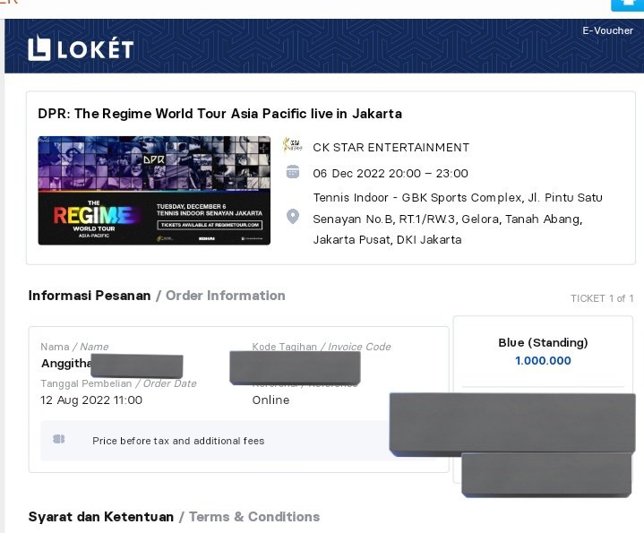 huggingbyul's tweet photo. WTS 1 ticket blue DPR Regime in Jakarta IDR1,238,500 aja sesuai harga waktu war 🥲 hit me up if you're interested. thank you! #wtsdpr #dprregimetourinjkt #DPRRegimeTour https://t.co/I1kkY0vFEL
