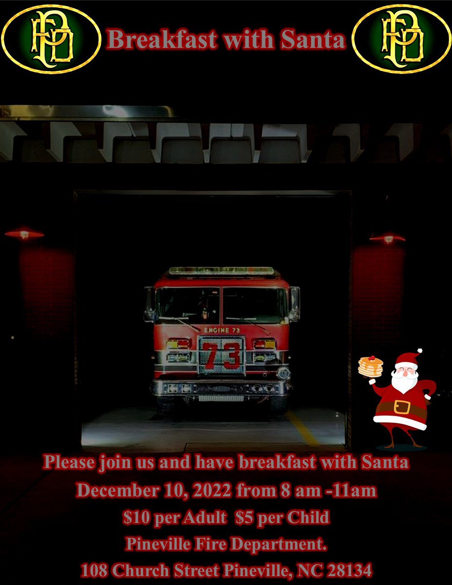 PinevilleFire's tweet photo. Mark your Calendars! December 10th at the Pineville Fire Station we are hosting a breakfast with Santa 🎅❄️ Bring your families for a great morning with great food. $10 per adult $5 per child. We look forward to seeing you all there! #holidays #santa #pinevillefire #christmas https://t.co/X5E3DV4agz