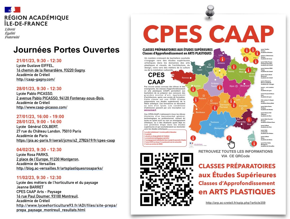 Pour découvrir in situ les #CPESCAAP #Artsplastiques <a href="/AcCreteil/">Académie de Créteil</a> <a href="/Academie_Paris/">Académie de Paris</a> <a href="/acversailles/">Académie de Versailles</a> en + du #SalonEducation <a href="/Onisep/">Onisep</a>, vous avez ici ⬇️ le calendrier des #JPO. @igartsplastique <a href="/Ig_EAC_PhGalais/">GALAIS philippe</a> <a href="/MarinePillaudin/">Marine Pillaudin</a> <a href="/IPR_VERSAILLES/">Vincent Elsa</a> <a href="/CpesRosaparks/">CPES ROSA PARKS</a> @cpes_caap_paris <a href="/ArpCreteil/">Arp-Créteil</a>