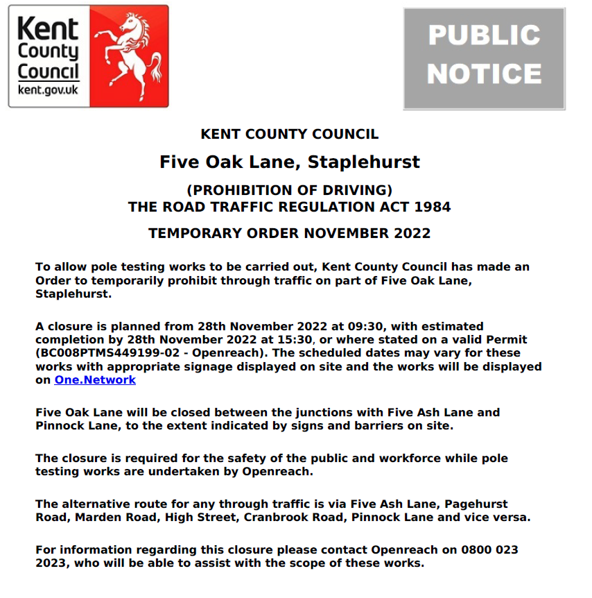 KCC Highways on Twitter "Staplehurst, Five Oak Lane. Road closure on