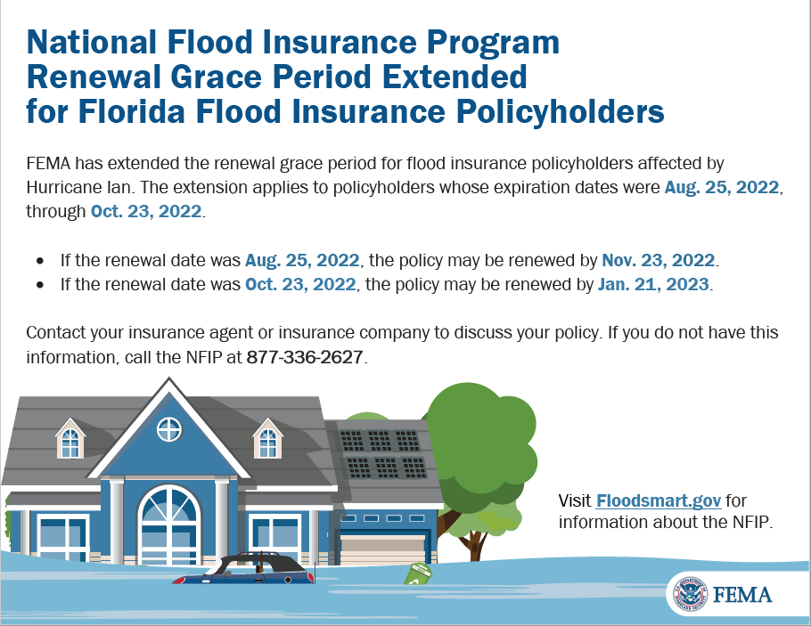 CollierGov's tweet photo. FEMA has extended the renewal grace period for flood insurance policyholders affected by #HurricaneIan. The extension applies to policyholders whose expiration dates were Aug. 25, 2022, through Oct. 23, 2022. #CollierCounty https://t.co/jhJKr8nnL8