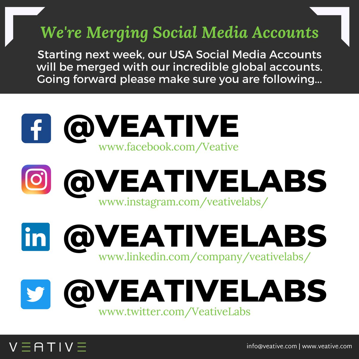 Here at veative we wanted to let everyone know to follow the accounts you see in this image. We are merging our USA account to one amazing global account!