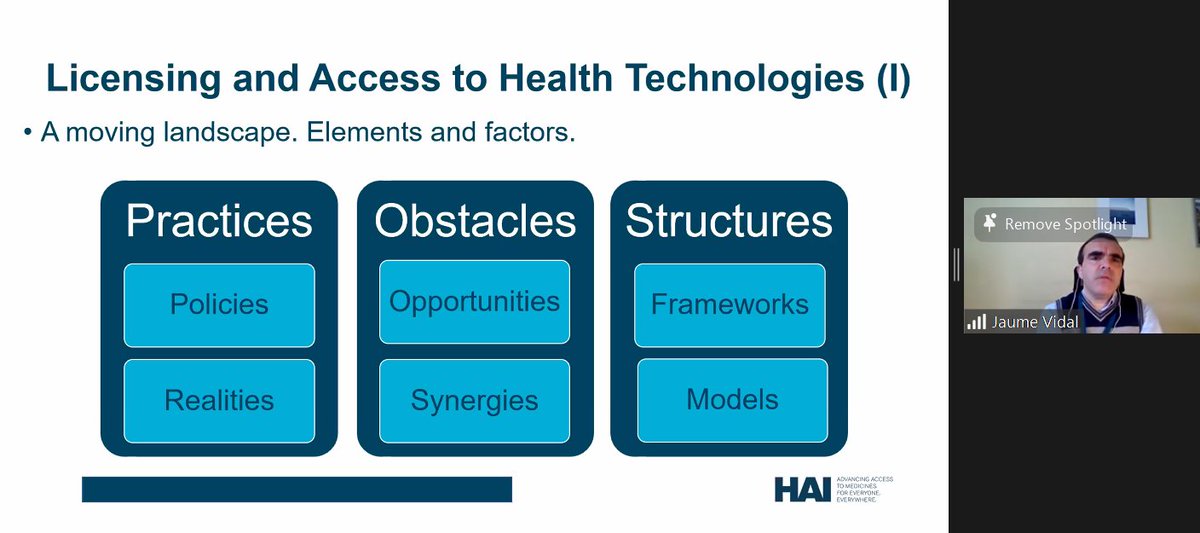 HAImedicines's tweet photo. HAI's Jaume Vidal says what we see today in terms of obstacles to equitable access are not new, but we now see new opportunities and a new openness to the use of non-exclusive licensing to improve access to health technologies. #PublicReturn https://t.co/P8T6efqzDQ