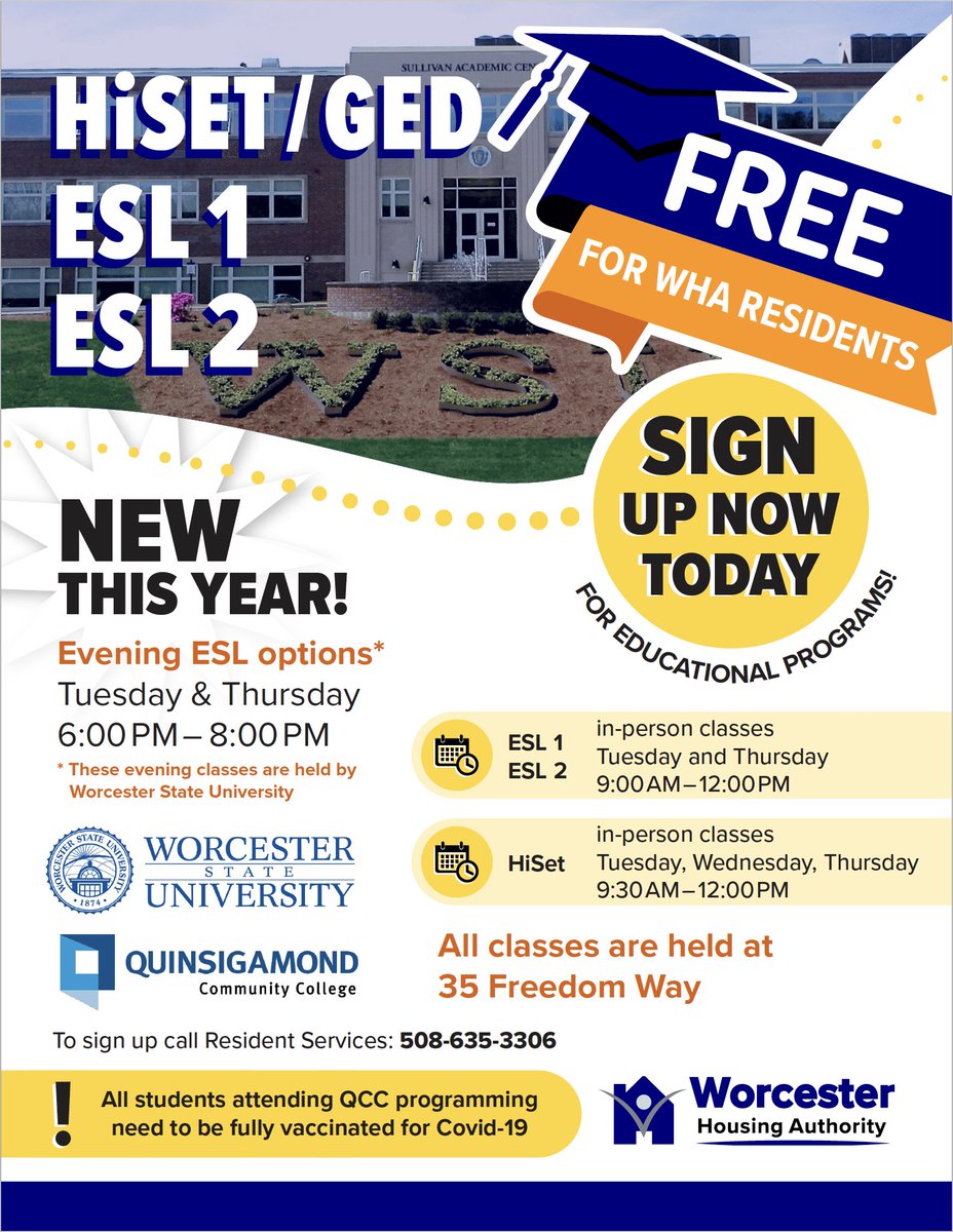 WHAuthority's tweet photo. QCC is still enrolling students for the 2022-2023 school year 🏫✨There are spaces available in HiSet and ESL. Call Resident Services at 508-635-3306 to learn more about these classes. Classes are FREE to all WHA residents!
@Quinsig
#WHA #worcesterhousing #worcesterma #LifeAtWHA https://t.co/tRrTIec0FX