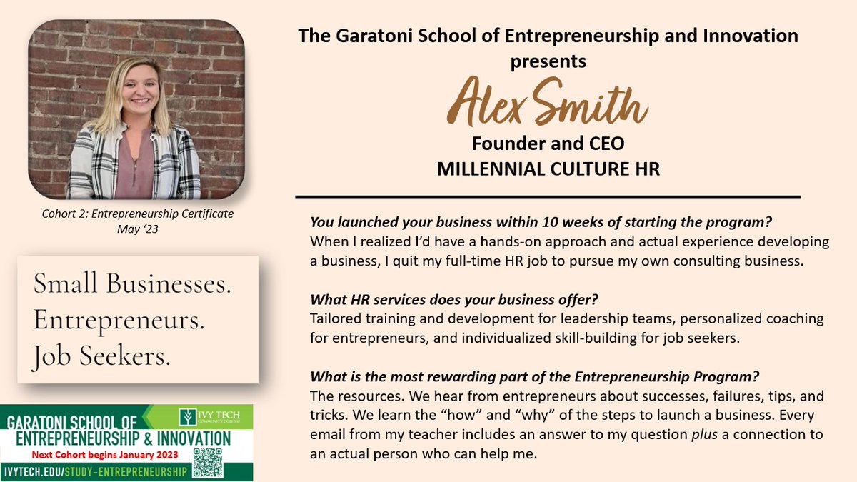 Alex began working on her Entrepreneurship Certificate in August 2022. Now she is working full time on her HR consulting business, Millennial Culture HR!
#entrepreneurshipeducation #ivytechentrepreneurshipbloomington
#millennialculturehr