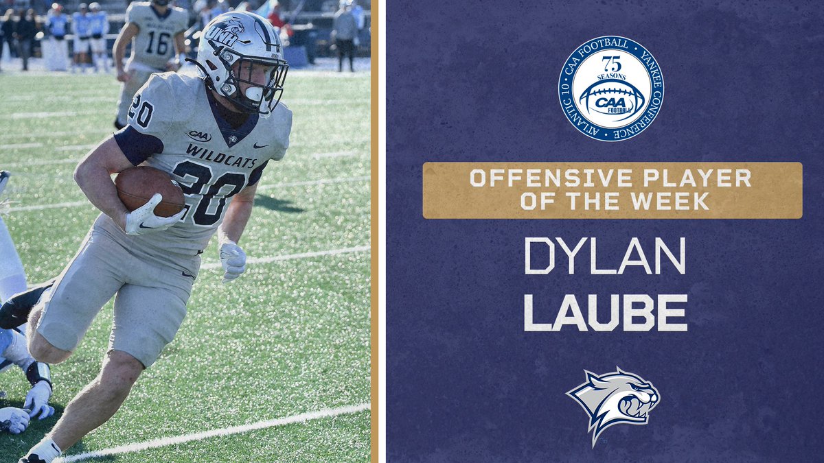 🏈 #CAAFB Offensive Player of the Week Dylan Laube amassed 281 all-purpose yards and three touchdowns as @UNH_Football edged Maine, 42-41 in overtime, to clinch a share of the CAA title 📰 bit.ly/3tN3Ocd