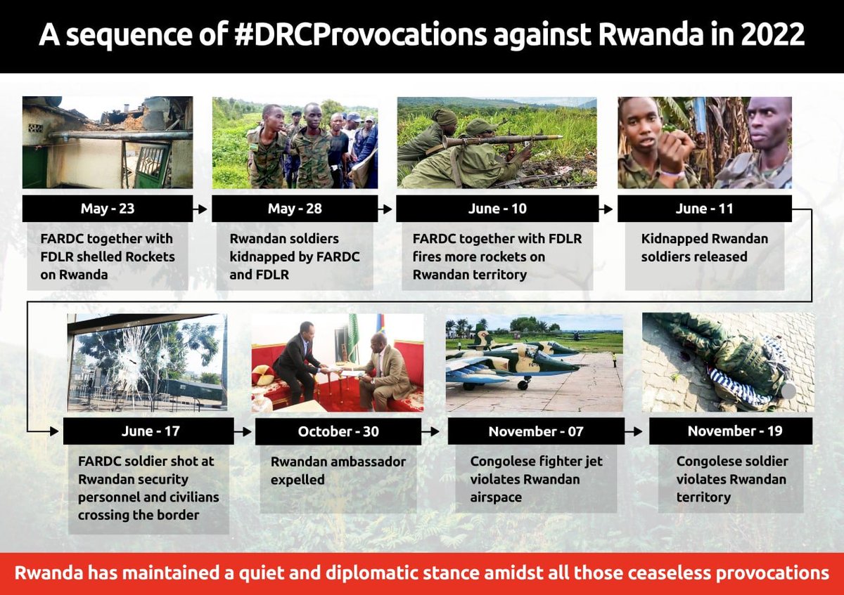 FelixMugenzi's tweet photo. A sequence of #DRCProvocations against #Rwanda in 2022
Rwanda has maintained a quiet and diplomatic stance amidst all those ceaseless provocations.
@TomNdahiro @ali_naka @albcontact @RobCyubahiro @onduhungirehe https://t.co/FKVX3c6Q8R