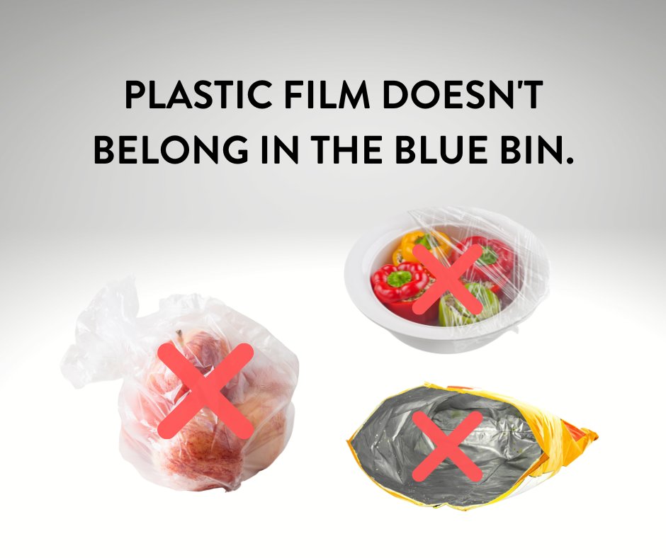 Plastic film, such as produce bags and plastic wrap, aren’t accepted in the recycling. ❌ They get tangled in the machinery at the recycling facility, which causes major delays in processing. #SimplyRecycle #NoPlasticBags