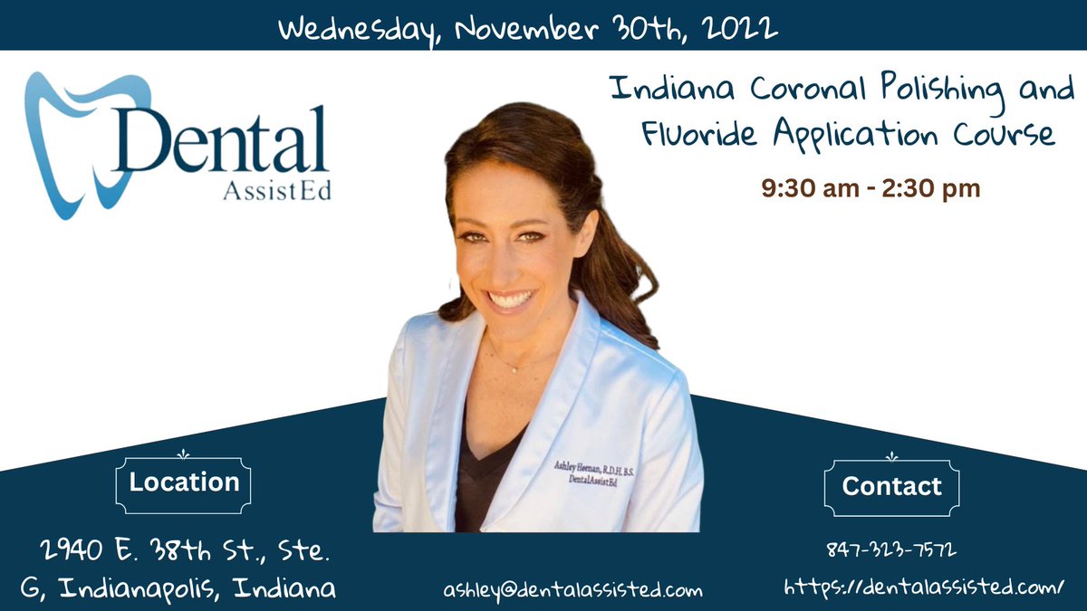 dentalassisted's tweet photo. Monday is back, I hope you'll are feeling well and healthy!

Have you registered for my next course? 

Wednesday, November 30th, 2022

📲 847-323-7572
.
.
.
.
.

#dentalassistant
#indiana #dental
#coronalpolishing
#fluoride #dentist
#chicago #pitfissure
#dentistry #fissuresealant https://t.co/W0zFL11BEe
