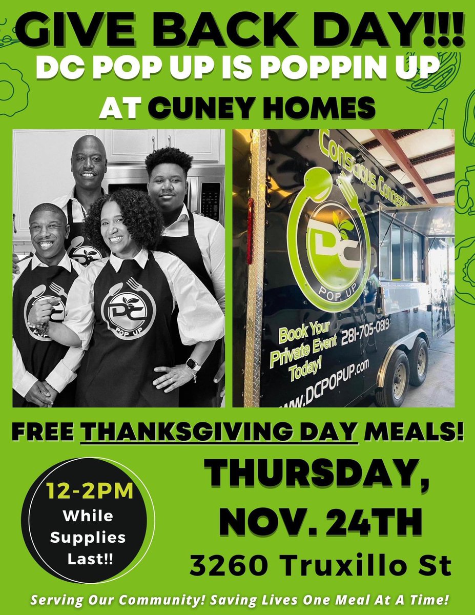 Give Back Day in #Houston! On Thursday, Nov. 24th, DC Pop Up is poppin up at Cuney Homes (3260 Truxillo Street)! 

We will be giving away #Thanksgiving Day meals from 12-2pm while supplies last. 

Serving Our Community! Saving Lives One Meal At A Time!

#dcpopup
