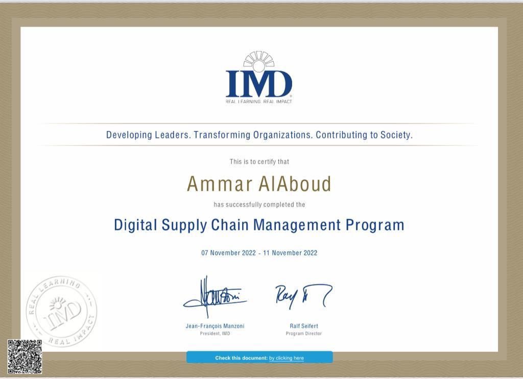أتممت ولله الحمد والمنة دورة #سلاسل_الإمداد_الرقمية التي عقدت معهد التنمية الإدارية(IMD)بسويسرا ، وكانت دورة مانعة ونافعة ومليئة باحدث المستجدات والتقنيات في مجال التحول الرقمي بسلاسل الإمداد المليء بالتحديات والفرص