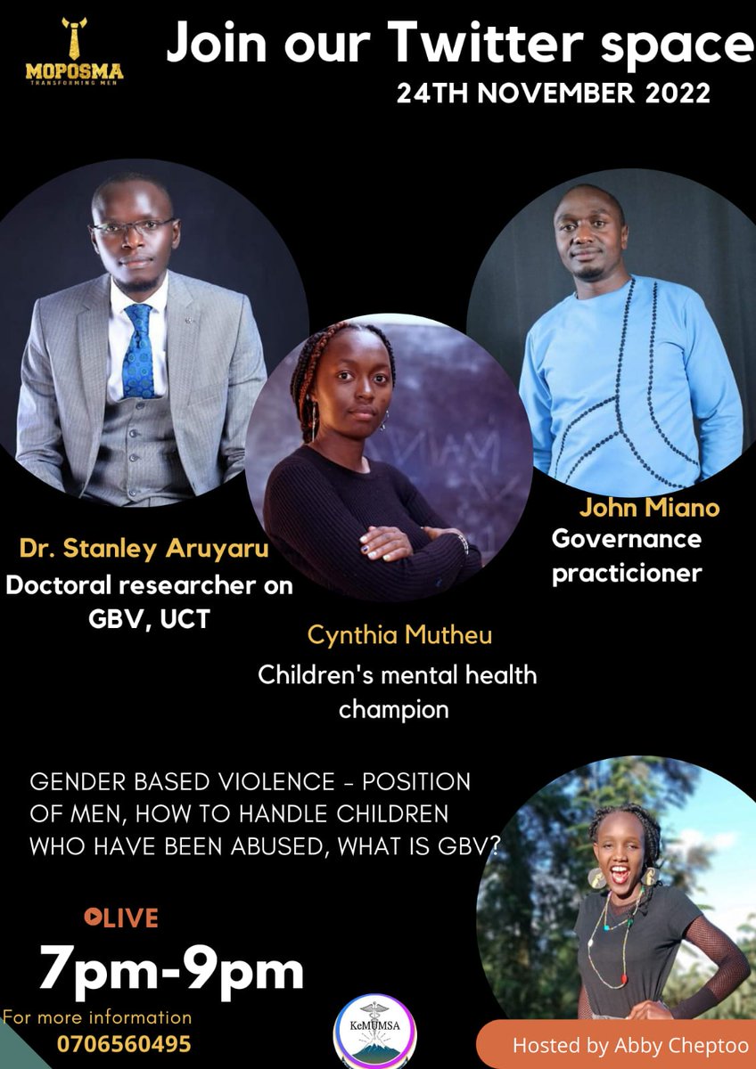 John Miano (@mianojn) on Twitter photo Coming up this Thursday...
What is the role of men in Ending gender-based violence and are men victims too? Join this interesting conversation on twitter space that will be hosted by <a href="/AbbyCheptoo/">Doctor From Kombe</a>
#endviolenceforabettersociety
#EndViolence
#16Days
#16DaysOfActivism Coming up this Thursday...
What is the role of men in Ending gender-based violence and are men victims too? Join this interesting conversation on twitter space that will be hosted by <a href="/AbbyCheptoo/">Doctor From Kombe</a>
#endviolenceforabettersociety
#EndViolence
#16Days
#16DaysOfActivism