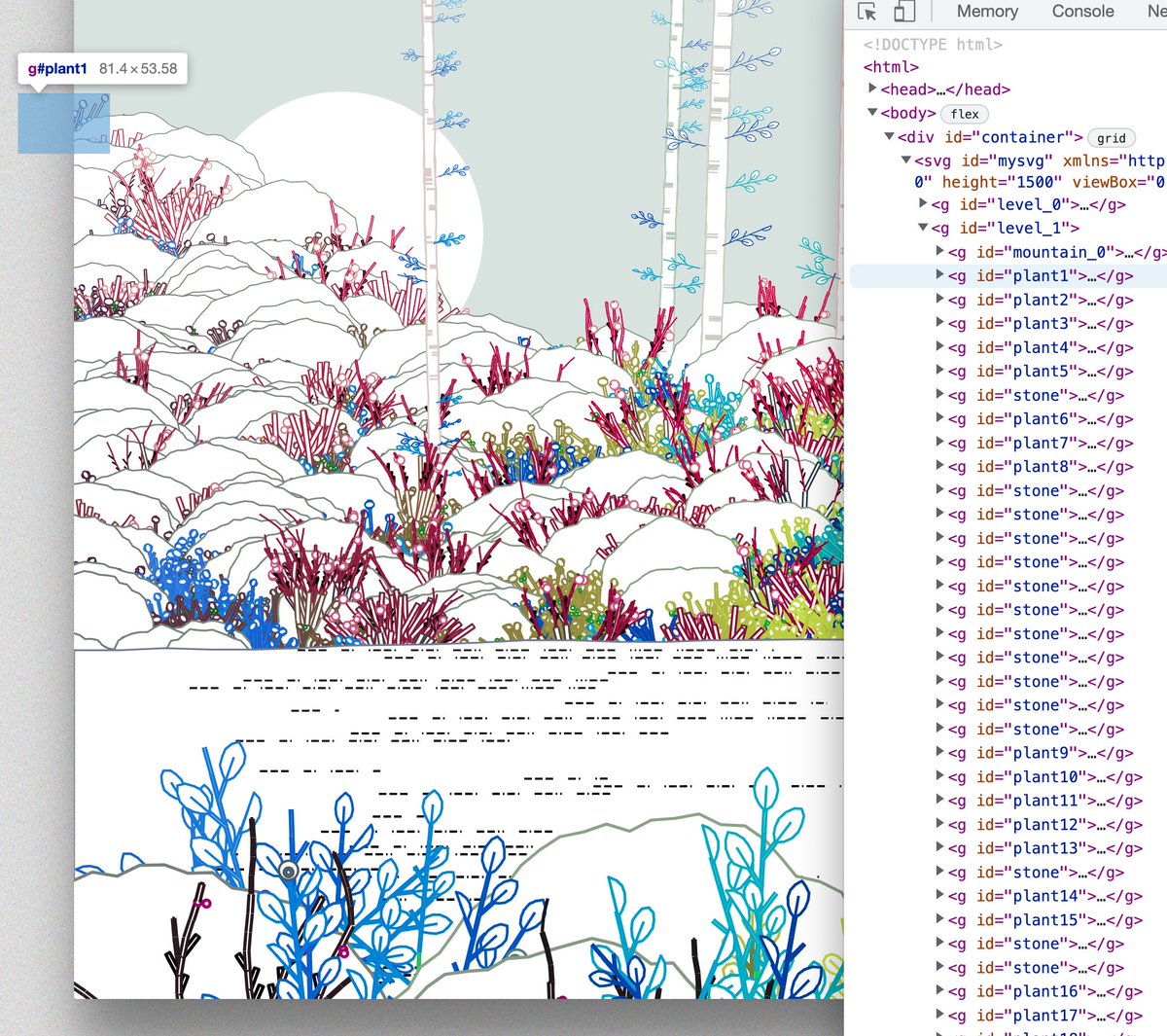 GM! As promised I will tell you in this thread in the next days some tricks for #swedishforest,
as you know you can download both the svg (s) and png (d) files. 
The trick #1 is that you can view directly the svg file appending to the live url &amp;svg=1, e.g.
gateway.fxhash2.xyz/ipfs/QmYAWiu4z…