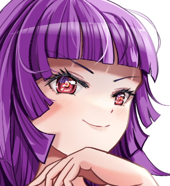 1girl solo purple hair smile red eyes bangs white background  illustration images