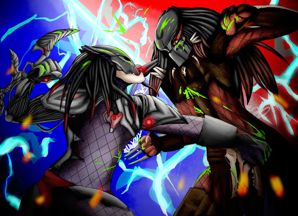 BATTERYBEAST_'s tweet photo. Another commission for our friendly neighborhood @AndrewBustillo6 !!
This was real fun, featuring Nomad and Soprano, my husband @Spino_Blitz18 OC! Comms are open 👀✨ #commissionsopen #art #predator #phg https://t.co/czZwPuxTNs