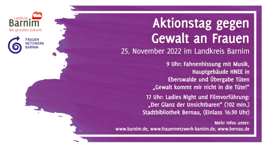 Barnimer Aktionstag gegen Gewalt an Frauen am 25. November: Landkreis Barnim, FrauenNetzwerk Barnim, HNEE und Bernau bei Berlin laden zu verschiedenen Veranstaltungen ein. https://t.co/wDZScMQH49 https://t.co/42mHJ5boGi