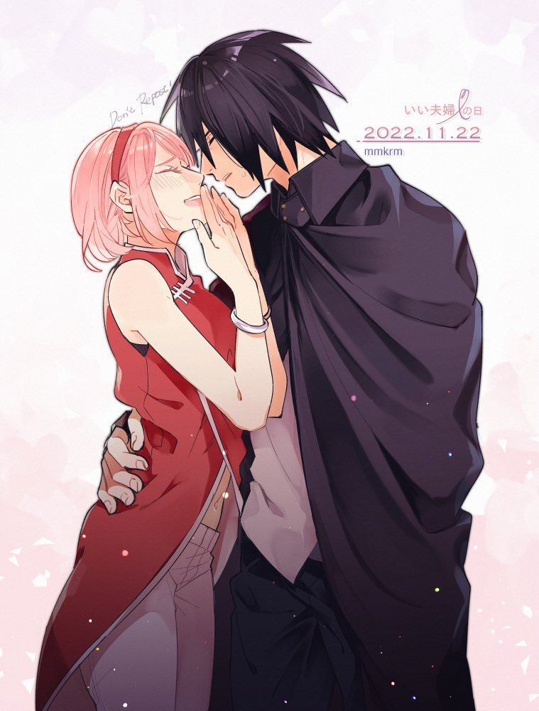 haruno sakura ,uchiha sasuke 1girl 1boy pink hair black hair hetero couple closed eyes  illustration images