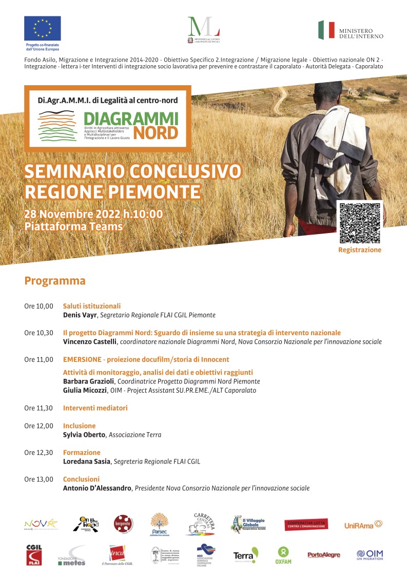 Si terrà il 28 novembre su Teams, nell'ambito del Progetto <a href="/DiagrammiNord/">Progetto Diagrammi Nord</a>, il Seminario Conclusivo per la Regione Piemonte. Vi prenderanno parte le organizzazioni che hanno lavorato alle attività sul territorio.🕤28/11/22 | Ore 10 - 13
ℹ Per registrarsi >bit.ly/3EQLVQj