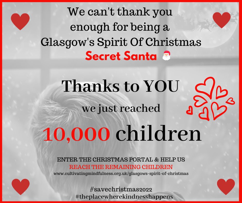 glasgowspiritofchristmas (@glasgowspiritof) on Twitter photo πFANTASTIC NEWS!π
We are delighted to share that this amazing community just reached π10,014π CHILDREN π thank you to all Secret Santas, the <a href="/StEnochCentre/">stenochcentre</a> and <a href="/Glasgow_Live/">Glasgow Live</a> for supporting. Just 9,798 TO GO...keep sharing...we can do this!!! glasgowsspiritofchristmas.org.uk πFANTASTIC NEWS!π
We are delighted to share that this amazing community just reached π10,014π CHILDREN π thank you to all Secret Santas, the <a href="/StEnochCentre/">stenochcentre</a> and <a href="/Glasgow_Live/">Glasgow Live</a> for supporting. Just 9,798 TO GO...keep sharing...we can do this!!! glasgowsspiritofchristmas.org.uk