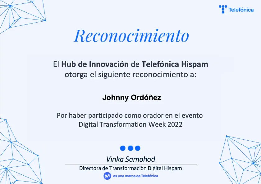 Muy honrado y agradecido por la amable invitación a participar en la Digital Transformation Week 2022 de Telefónica Hispam. Fue muy bueno re-encontrarse con buenos amigos. Continúen sembrando éx