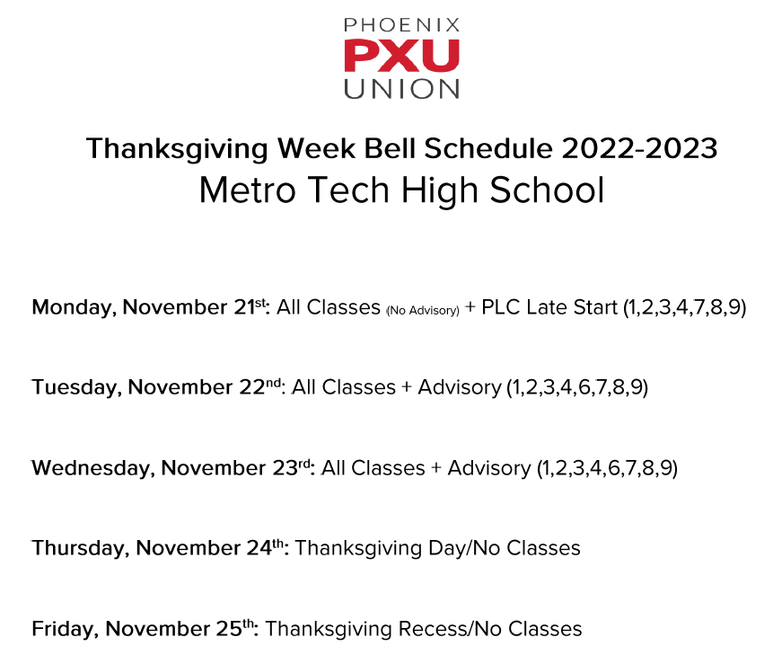 MetroTechHS's tweet photo. Good morning Metro Tech! We have a shortened week - see schedule below. https://t.co/uluXoGIUCn